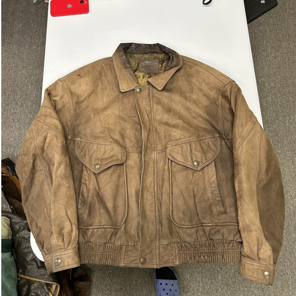 Vintage st johns bay Leather Bomber Jacket Men XL Brown Pheasant Lining
